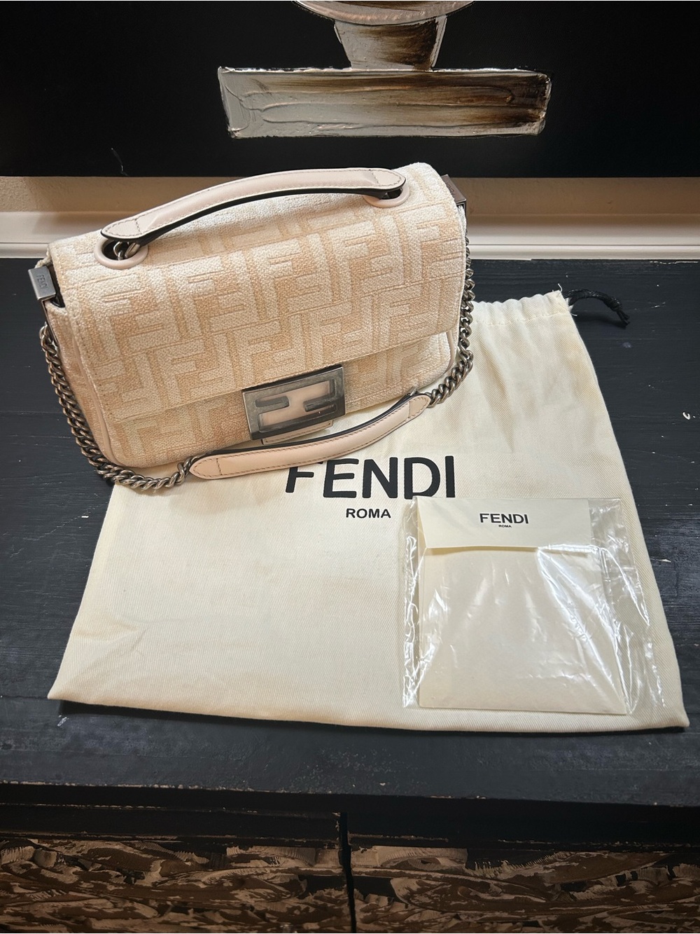 Fendi FF Baguette in Chenille with Gun Metal Hardware - Picture 3 of 14